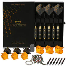 Load image into Gallery viewer, CC-Exquisite Professional Steel Tip Darts Set - 6 x 22g Brass Barrels with 12 Flights Standard/Slim, 12 Aluminum Shafts 35/48mm, 12 O-Rings, Dart Tool, Dart Sharpener and Case (Black &amp; Gold)
