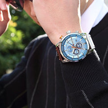 Load image into Gallery viewer, Men Leather Strap Military Watches Men's Chronograph Waterproof Sport Wrist Date Quartz Wristwatch Gifts (Silver Blue)
