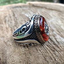 Load image into Gallery viewer, MEVA 925k Stamped Sterling Silver Carved Design Red Agate (aka Aqeeq) and Black Onyx Stone Men's Ring RKB0015 (10)
