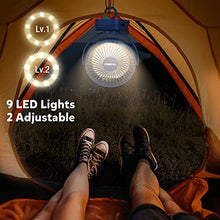 Load image into Gallery viewer, Clip on Fan 65 Hours Portable Desk Fan Rechargeable with LED Lights &amp; Hooks 11800 Capacity Battery Operated Fan with Clips Small Desk Fan Mini Fans for Tents Travel Outdoor Camping Golf Cart Emergency
