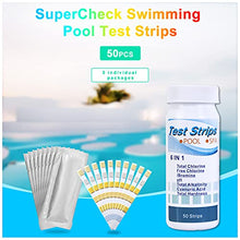 Load image into Gallery viewer, SuperCheck 6-in-1 Test Strips for Testing Chemicals Content in Pool and Spa, 7 Parameters, 50 Count, Swimming Water Test Kit for Chlorine, Bromine, pH, Alkalinity, Cyanuric Acid and Hardness Levels
