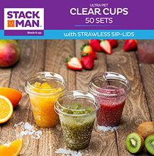 Load image into Gallery viewer, Stack Man 12 oz. Clear Cups with Strawless Sip-Lids, [50 Sets] PET Crystal Clear Disposable 12oz Plastic Cups with Lids
