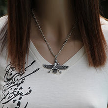 Load image into Gallery viewer, Asoodehdelan Large Double Sided Antique Silver Pt Farvahar Necklace Iranian Gift Persian Iran Faravahar Chain (24" Chain)
