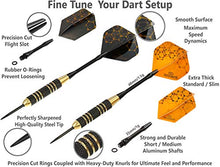 Load image into Gallery viewer, CC-Exquisite Professional Steel Tip Darts Set - 6 x 22g Brass Barrels with 12 Flights Standard/Slim, 12 Aluminum Shafts 35/48mm, 12 O-Rings, Dart Tool, Dart Sharpener and Case (Black &amp; Gold)
