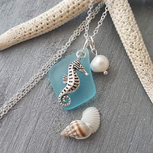 Load image into Gallery viewer, Handmade in Hawaii, turquoise bay blue sea glass necklace,"December Birthstone", freshwater pearl, seahorse charm, (Hawaii Gift Wrapped, Customizable Gift Message)
