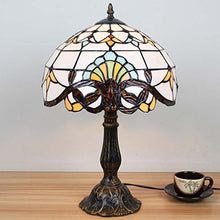Load image into Gallery viewer, Bieye L10641 Baroque Tiffany Style Stained Glass Table Lamp Night Light with 12 inches Wide Lampshade Metal Base for Bedside Living Room Bedroom, Brown, 18-inch Tall
