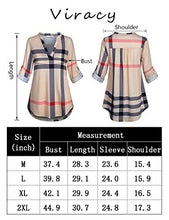 Load image into Gallery viewer, Plaid Tunic,Viracy Women Shirts for Leggings 3/4 Roll Sleeve Blouses V Neck Loose Pattern Dressy Henleys Business Casual Top Easy Fit Flowy Aline Pullover Soft Surroundings Beige 2XL
