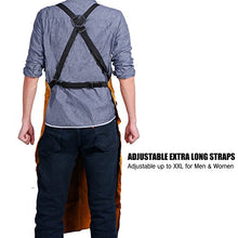 Load image into Gallery viewer, QeeLink Leather Welding Apron - Heat &amp; Flame-Resistant Heavy Duty Work Forge Apron with 6 Pockets, 42" Large &amp; Cross Back Extra Long Strap, Adjustable M to XXXL for Men &amp; Women (Brown)
