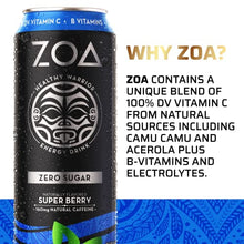Load image into Gallery viewer, ZOA Zero Sugar Energy Drinks 16 Fl Oz, Super Berry (Pack of 12) - 160mg Natural Caffeine, Supports Healthy Immunity, Boosts Focus &amp; Hydration
