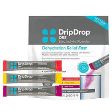 Load image into Gallery viewer, DripDrop ORS – Patented Electrolyte Powder for Dehydration Relief Fast - For Workout, Hangover, Illness, Sweating &amp; Travel Recovery - Watermelon, Berry, Lemon Variety Pack - 32 Servings (11.29 oz)
