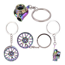 Load image into Gallery viewer, Febrytold 5 Pcs Car Parts Model Key Chains, Colorful Turbo Keychain, Black Manual Gearbox Keychain, Colorful Tire Rim Keychain, Blue Brake Rotor Keychain, Red Spring Shock-absorber Keychain
