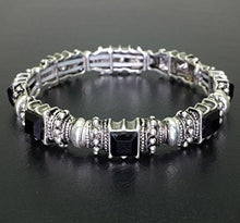Load image into Gallery viewer, Falari Vintage Acrylic Crystal Antique Silver Stretch Bracelet (Black.)
