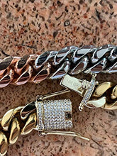 Load image into Gallery viewer, Tri Color Cuban Chain Or Bracelet - Heavy 12mm with Diamond Clasp- Mens Miami Cuban - Yellow Rose &amp; White Gold Over Stainless Steel (20" Chain)
