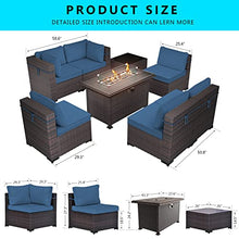 Load image into Gallery viewer, Gotland 8 Piece Outdoor Patio Furniture Set with Gas Fire Pit Table Patio Furniture Sectional Sofa w/43in Propane Fire Pit, 50,000 BTU Auto-Ignition Firepit w/Glass Wind Guard (Dark Blue)
