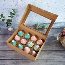 Load image into Gallery viewer, [20-Packs] Brown Cupcake Boxes 12 Holders,ONE MORE Cake Carrier Food Grade Kraft Pop-up Bakery Boxes 13.8 x 9.5 x 4inch with Inserts and PVC Windows Fits 12 Cavity Cupcake or Muffins Pack of 20
