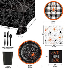 Load image into Gallery viewer, Halloween Party Supplies, Spider &amp; Buffalo Plaid Design, 16 Guests, 129 Pieces, Disposable Paper Dinnerware, Plate, Napkin, Cups, Cutlery and Table Cover Set
