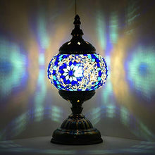 Load image into Gallery viewer, Marrakech Turkish Table Lamp Mosaic Glass Bedside Table Lamp Moroccan Lantern Tiffany Style Night Lights with Bronze Base for Living Room (Blue)
