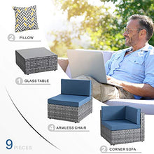 Load image into Gallery viewer, SUNLEI 7pcs Patio Outdoor Furniture Sets Conversation Set,Low Back All-Weather Rattan Sectional Sofa with Tea Table&amp;Washable Couch Cushions(Silver Rattan)（Aegean Blue）
