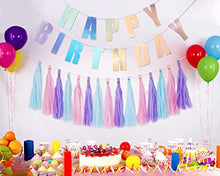 Load image into Gallery viewer, YAKRUNA Holographic Happy Birthday Banner, Iridescent Birthday Party Supplies With 15PCS Rainbow Tassel Paper Garlands for Teens Kids Girls Women
