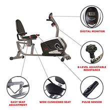 Load image into Gallery viewer, Sunny Health &amp; Fitness Magnetic Recumbent Bike Exercise Bike with Digital Monitor, 300 lb Capacity, Easy Adjustable Seat, Pulse Rate Monitor
