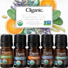 Load image into Gallery viewer, Cliganic Organic Essential Oils Set (Top 5) - 100% Pure Natural - Aromatherapy, Candle Making - Peppermint, Lavender, Eucalyptus, Lemongrass &amp; Orange
