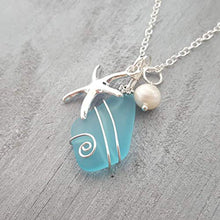 Load image into Gallery viewer, Handmade in Hawaii, Wire Wrapped Turquoise Bay blue sea glass necklace, Starfish charm, freshwater pearl, (Hawaii Gift Wrapped, Customizable Gift Message)
