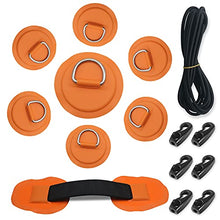Load image into Gallery viewer, 7Pck D-Ring Patch Kayak D Ring Pads and 20ft Strong Elastic Bungee Shock Cord with Hooks Bungee Deck Rigging Kit for Pvc Inflatable Boat Sup Kayak Canoe Deck Surfboard Raft Stand Up Paddle Board
