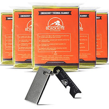 Load image into Gallery viewer, Black Kite Outdoor XL Survival Mylar Thermal Space Blankets (5 -Pack) + Magnesium Flint Block &amp; Striker Fire Starter Designed to Retain Heat, Outdoors, Hiking, Camping, First Aid, Marathon, Emergency
