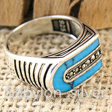 Load image into Gallery viewer, Solid 925 Sterling Silver Turkish Handmade Marcasite &amp; Simulated Turquoise Luxury Men's Ring (8)
