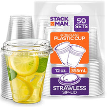 Load image into Gallery viewer, Stack Man 12 oz. Clear Cups with Strawless Sip-Lids, [50 Sets] PET Crystal Clear Disposable 12oz Plastic Cups with Lids
