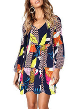 Load image into Gallery viewer, Amoretu Women's V Neck Bishop Sleeves Soft Loose Tunic Fall Dress Geometry M
