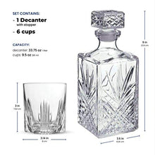 Load image into Gallery viewer, Paksh Novelty 7-Piece Italian Crafted Glass Decanter &amp; Whisky Glasses Set, Elegant Whiskey Decanter with Ornate Stopper and 6 Exquisite Cocktail Glasses
