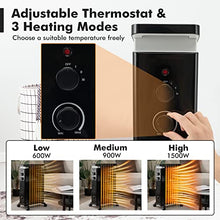 Load image into Gallery viewer, GOFLAME Oil Filled Radiator Heater, 1500W Electric Portable Space Heater with 3 Heat Settings and Built-In Thermostat, Oil Heater with Wheels, Tip-Over &amp; Overheat Protection for Home Office (Black)
