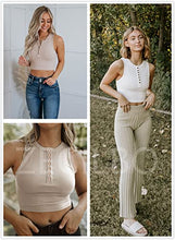 Load image into Gallery viewer, Zecilbo Womens Crew Neck Sleeveless Button Solid Color Racer Back Tank Tops Sexy Halter Neck Summer Crop Tops Basic Tops
