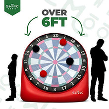 Load image into Gallery viewer, SWOOC Games - Giant Kick Darts (Over 6ft Tall) with Over 15 Games Included - Giant Inflatable Outdoor Dartboard with Soccer Balls, Air Pump &amp; Score Card - Jumbo Foot Darts Game with Big Target (Red)
