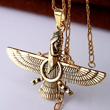 Load image into Gallery viewer, Asoodehdelan Large Gold Pt Farvahar Necklace Iranian Persian Art Iran Farohar Zoroastrian Faravahar Gift (18" Chain)
