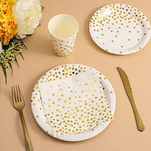 Load image into Gallery viewer, White and Gold Party Supplies 200PCS Disposable White Paper Plates 12oz Cups Napkins Dinnerware Set Golden Dot Theme Party Bridal Shower Birthday Wedding Engagement, Serves 50
