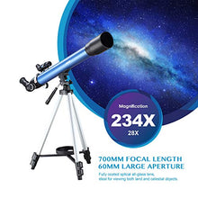 Load image into Gallery viewer, Aomekie Telescope for Adults Astronomy Beginners 700mm Focal Length 234X Magnification Travel Scope Refractor Telescopes with Adjustable Tripod 10X Phone Adapter Erect Finderscope and Carrying Bag
