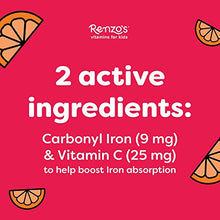 Load image into Gallery viewer, Renzo's Iron Supplements for Kids, Dissolvable Vegan Iron Supplement for Children, Sugar Free Iron Supplements for Anemia, Oh-Oh-Oh Orange Flavor, 90 Melty Tabs
