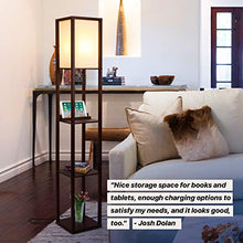 Load image into Gallery viewer, Brightech Maxwell Shelf Floor Lamp w. Wireless Charging Station, USB Port &amp; Outlet - Column Lighting For Bedrooms, Offices &amp; Living Rooms - Contemporary Skinny Nightstand &amp; Tower Light - Brown
