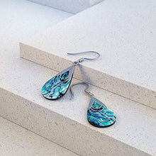 Load image into Gallery viewer, Boho Dangle Teardrop Abalone shell Earrings, Unique Sterling Silver Large paua shell earrings, Ethnic Gypsy Style, Handmade Statement Jewelry
