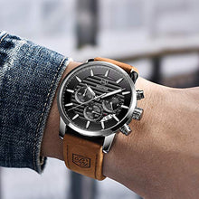Load image into Gallery viewer, BENYAR Chronograph Waterproof Watches Business and Sport Design Black Leather Band Strap Wrist Watch for Men (Brown Silver Black B)
