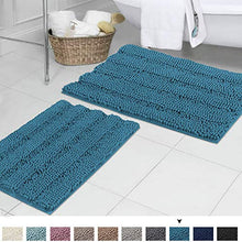 Load image into Gallery viewer, Turquoise Blue Shaggy Chenille Bathroom Rugs, Super Soft Thick Striped Microbiber Shag Rugs, Machine Washable Non Slip Water Absorbent Kitchen Mats (2 Pack, 20" x 32" &amp; 17" x 24")
