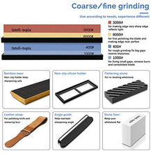 Load image into Gallery viewer, Complete Knife Sharpening Stone Set – Dual Grit Whetstone 400/1000 3000/8000 Premium Whetstone Knife Sharpener with Leather Strop, Flattening Stone, Bamboo Base, 3 Non-slip Rubber Bases &amp; Angle Guide
