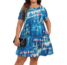 Load image into Gallery viewer, HBEYYTO Summer Dress for Curvy Women 2023 Trendy Plus Size Casual Floral Tiedye Printed Short Sleeve T Shirt Dress with Pockets Blue
