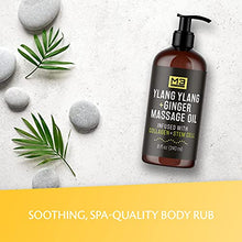 Load image into Gallery viewer, M3 Naturals Ylang Ylang and Ginger Massage Oil Infused with Collagen Stem Cell and Natural Essential Oils Best Deep Tissue Massaging Therapy Relaxing Sore Muscle Joint Relief Anti-Cellulite 8 oz
