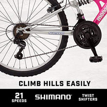 Load image into Gallery viewer, Mongoose Exlipse Full Dual-Suspension Mountain Bike for Kids, Featuring 15-Inch/Small Steel Frame and 21-Speed Shimano Drivetrain with 24-Inch Wheels, Kickstand Included, Pink
