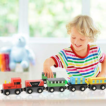 Load image into Gallery viewer, DeXop Wooden Train Set, Toy Train Sets for Kids, Wood Train Set for Toddlers,12PCS Toy Trains for 1 2 3 4 Year Old Boys
