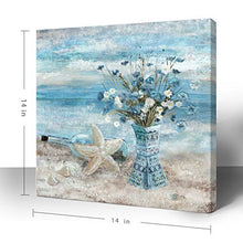 Load image into Gallery viewer, Bathroom Decor Wall Art Blue Beach Picture Ocean Theme Flower Canvas Print Modern Coastal Seascape Painting Framed Seaside Artwork Floral Daisy in Indian Vase for Home Sea Lake Bedroom 14x14inch
