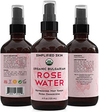Load image into Gallery viewer, Rose Water for Face &amp; Hair, USDA Certified Organic Facial Toner. Alcohol-Free Makeup Setting Hydrating Spray Mist. 100% Natural Anti-Aging Petal Rosewater by Simplified Skin (4 oz)
